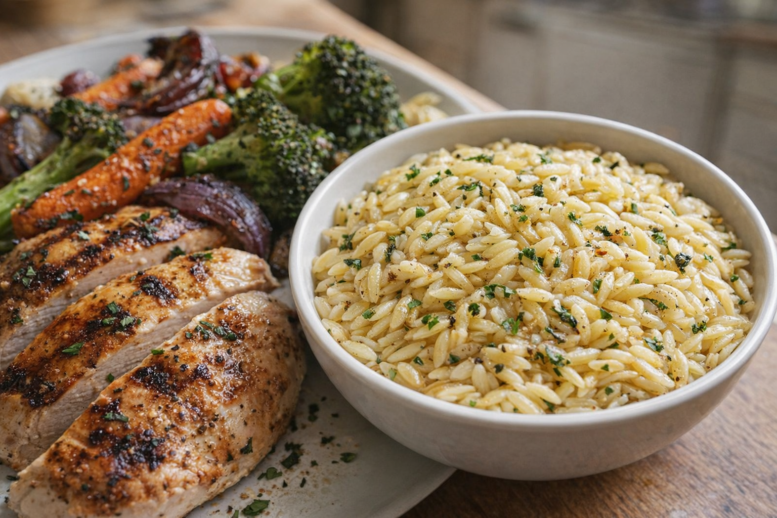 A vibrant bowl of perfectly cooked orzo, glistening with olive oil and herbs, served as a side dish to grilled chicken and roasted vegetables, shot at a high angle in natural light